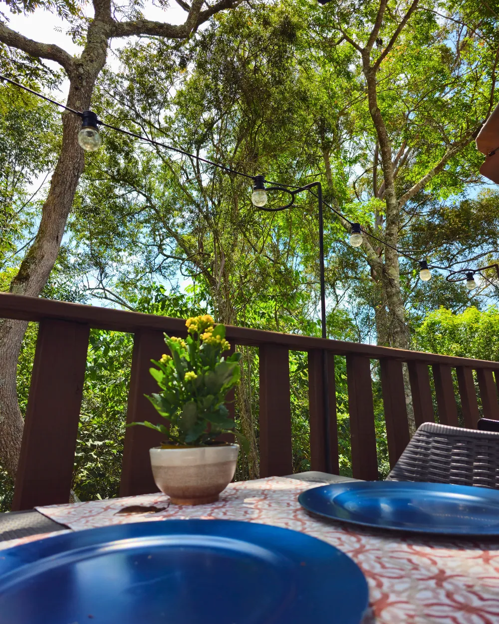Mesa do deck com pratos azuis e um vaso de flores amarelas, junto ao guarda-corpo de madeira e às árvores